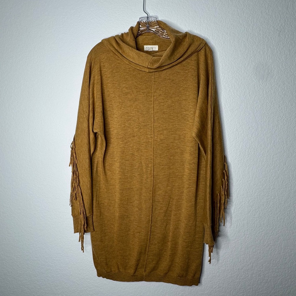 Promesa Camel Tan Cowl Neck Fringe‎ Sleeve Tunic Sweater Size Small Western